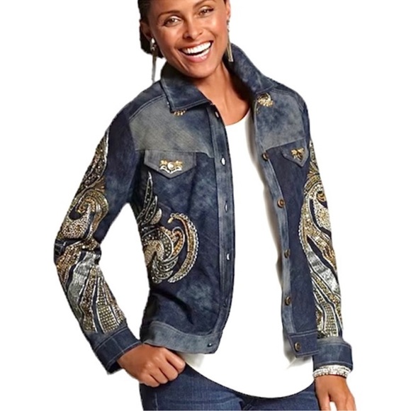 Chico's Jackets & Blazers - Chico's Denim Artisan Jacket Bling Sequins Size 2 (large)